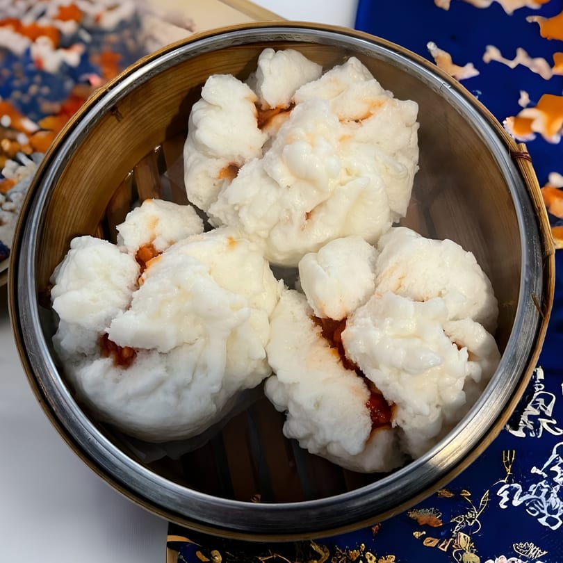 Steaming Engimono Ramen char siu bao, fluffy white buns with savory pork filling in a bamboo steamer.