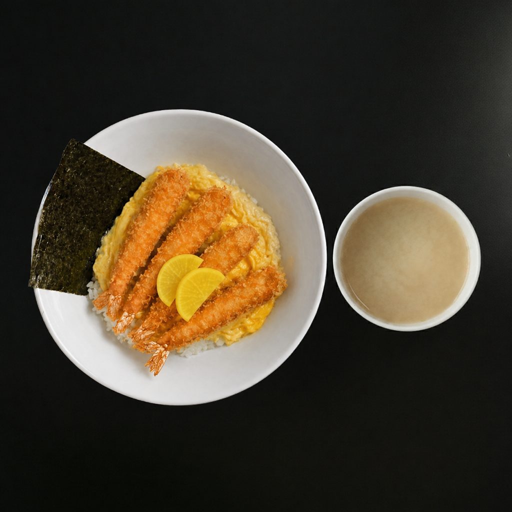 Ebi Ju Don (4Pc Fried Shrimp and Eggs).